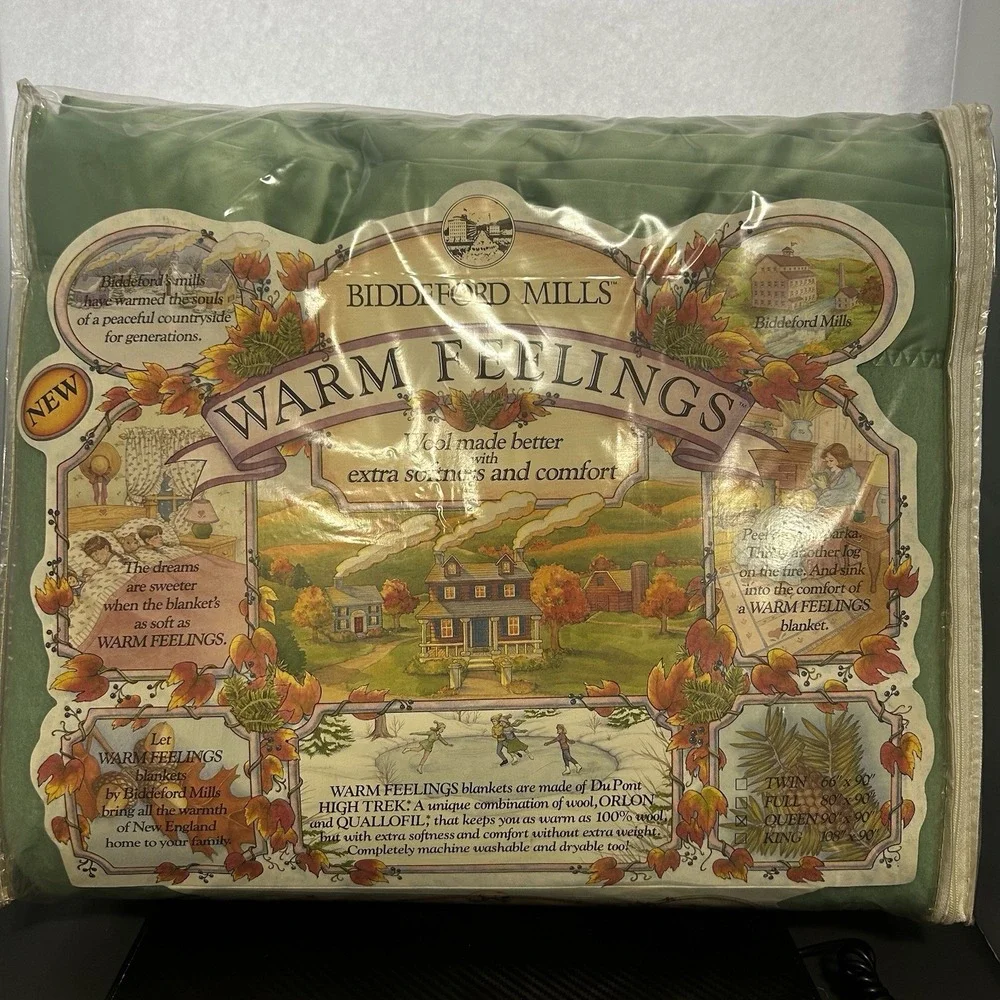 Biddeford‎ Mills Blanket Warm Feelings Green, Queen Wool Blend USA 90x90 NEW